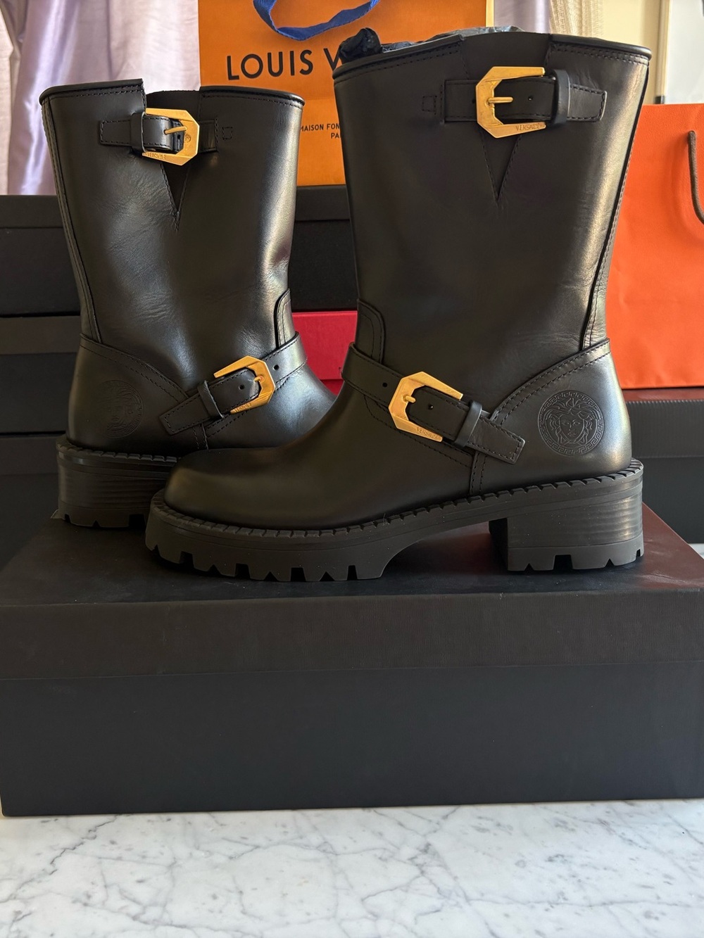 VERSACE MEDUSA EMBOSSED LEATHER BIKER BOOTS